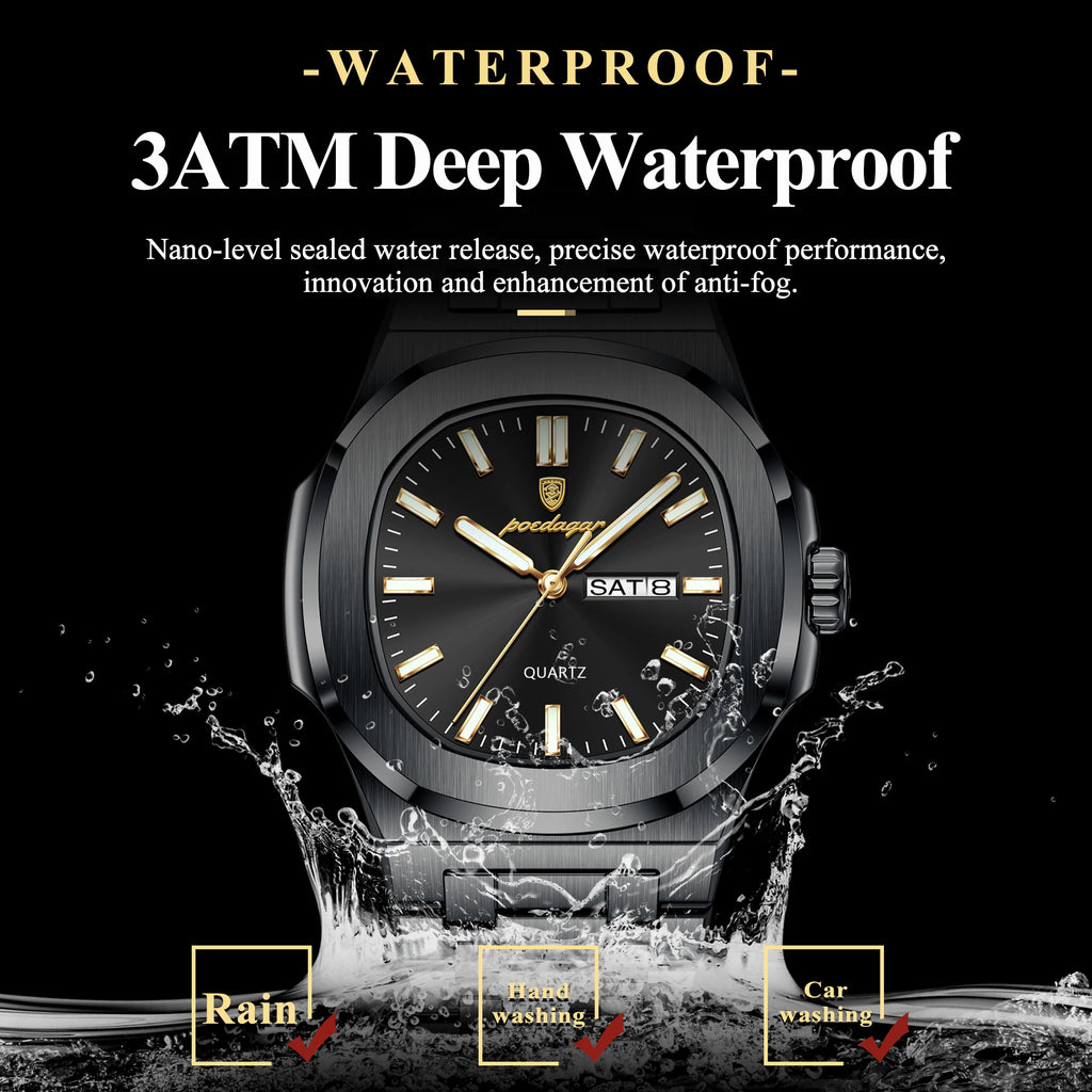 POEDAGAR Original Square Watches For Men Week Date Stainless Steel Man Watch Luminous Waterproof Luxury Men's Quartz Wristwatch